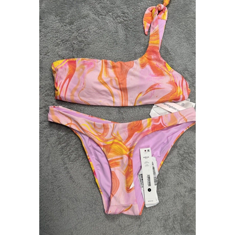 NWT A'qua Swim Bikini Set Swim Suit 2 Piece 1 Shoulder Size Small Pink Marble
